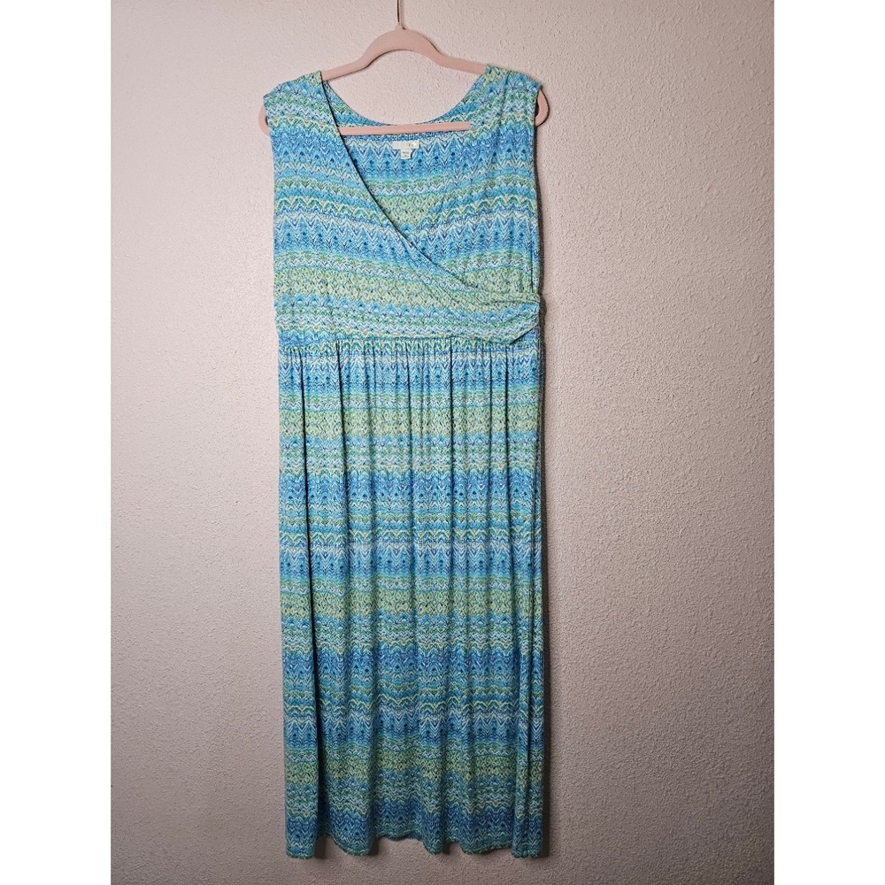 J. Jill Blue Green Ikat Chevron Faux Wrap Maxi Dress Plus Size 1X Sleeveless